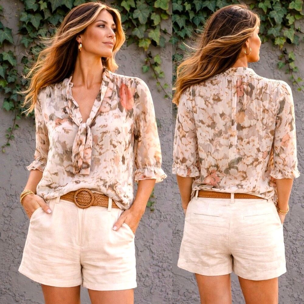 Calvin Klein Petite S Cottagecore Floral Tie Neck Blouse Layered Sheer Lined Top